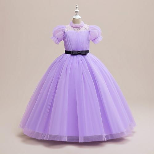 Gauze & Cotton Princess Girl One-piece Dress large hem design Solid purple PC