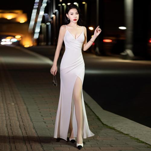 Polyester Plus Size Long Evening Dress side slit & backless patchwork Solid white and black PC
