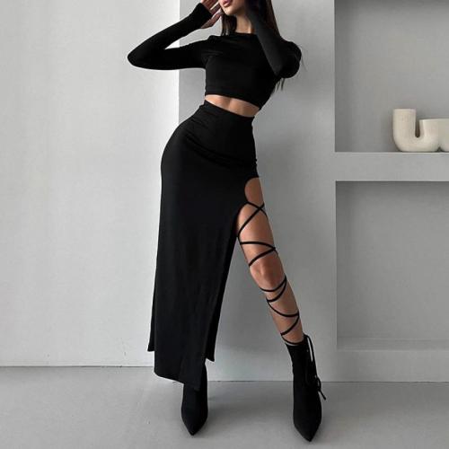 Polyester Slim Two-Piece Dress Set side slit patchwork Solid black Set