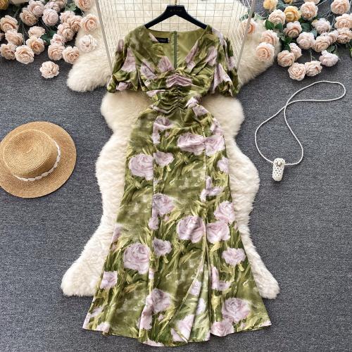 Polyester Waist-controlled & Mermaid One-piece Dress & breathable floral green PC
