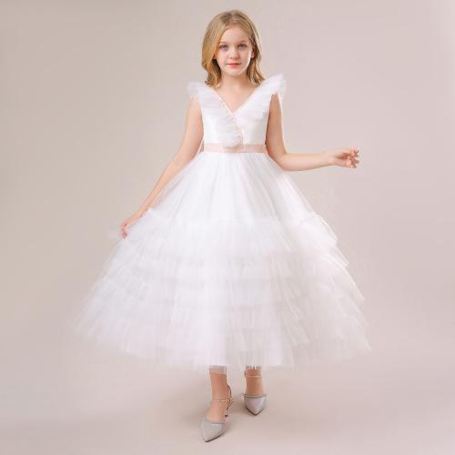 Gauze & Polyester Princess Girl One-piece Dress large hem design & breathable Solid white PC