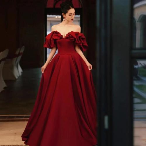 Polyester Off Shoulder & Plus Size Long Evening Dress large hem design patchwork Solid wine red PC