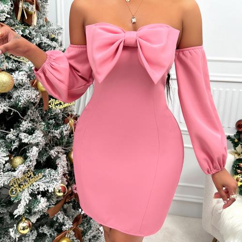Polyester Slim Tube Top Dress patchwork bowknot pattern pink PC