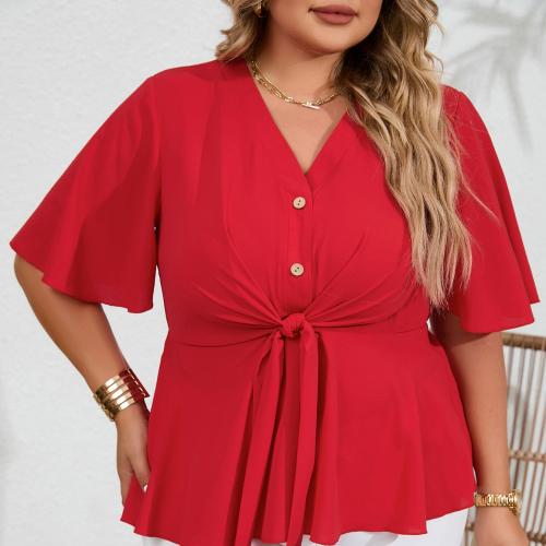 Polyester Slim Women Short Sleeve Blouses Solid red PC