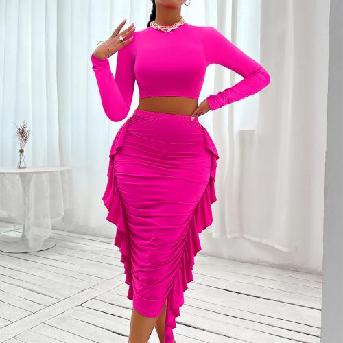 Polyester Slim & High Waist Two-Piece Dress Set Solid fuchsia Set