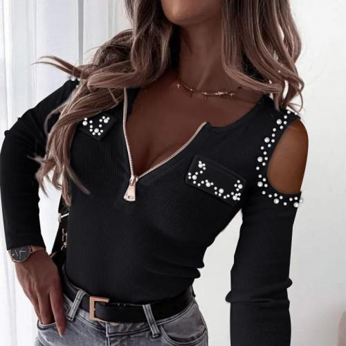 Polyester Slim & Plus Size Women Long Sleeve Blouses & off shoulder patchwork Solid PC