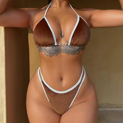 Polyester Bikini & two piece & skinny style brown Set