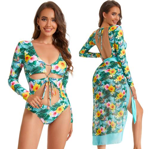 Polyester One-piece Swimsuit & two piece & skinny style printed floral multi-colored Set