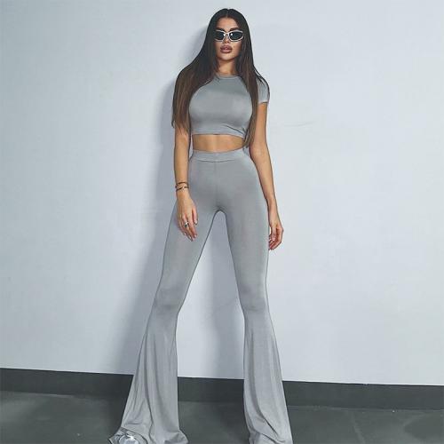 Polyester Women Casual Set midriff-baring & two piece Pants & top gray Set