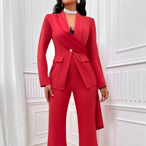 ポリエステル 女性ビジネスパンツスーツ ロングトラウザーズ & コート 赤 セット