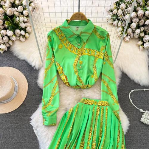 Polyester Slim & Pleated & High Waist Two-Piece Dress Set printed green Set