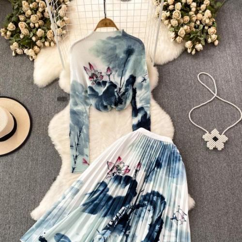 Polyester Pleated & High Waist Two-Piece Dress Set & two piece printed landscape Set