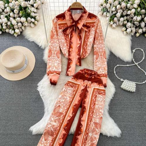 Polyester High Waist Women Casual Set & two piece Wide Leg Trousers & top printed orange Set