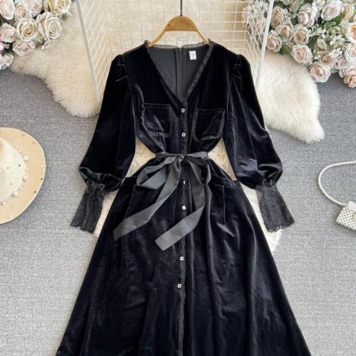 Polyester High Waist One-piece Dress slimming black PC