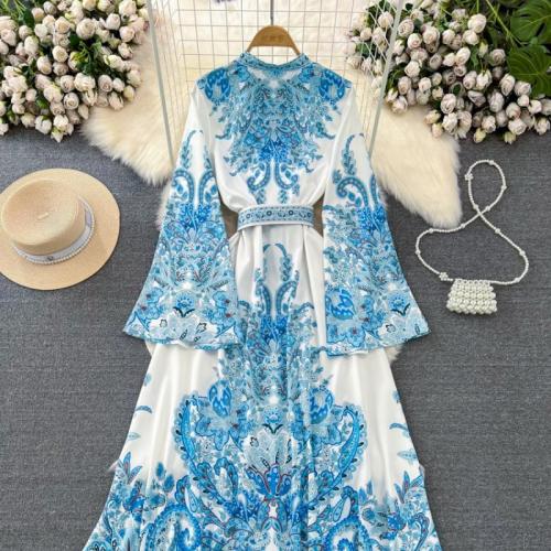 Polyester High Waist One-piece Dress slimming printed blue and white PC