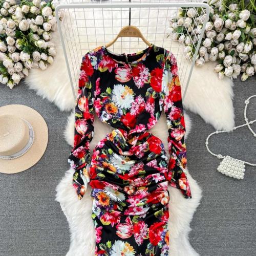 Polyester High Waist One-piece Dress slimming printed floral mixed colors PC