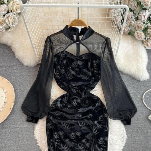 Polyester Waist-controlled Sexy Package Hip Dresses see through look & slimming & side slit printed leaf pattern black PC