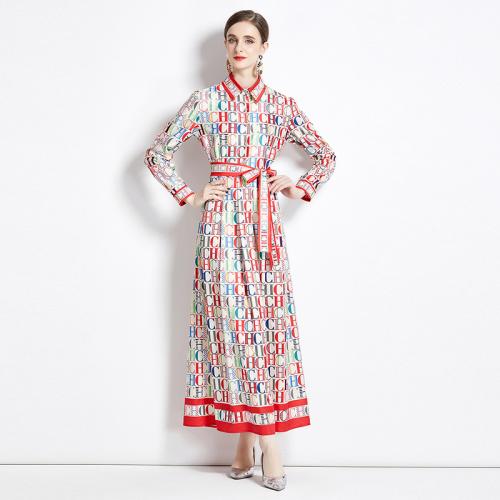 Polyester Straight One-piece Dress & loose & breathable printed letter red PC
