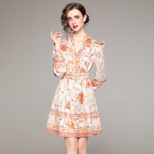 Polyester Einteiliges Kleid, Gedruckt, Floral, Orange,  Stück