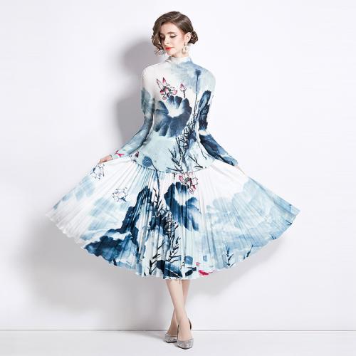 Polyester Slim One-piece Dress printed floral sky blue PC