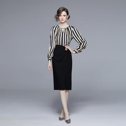 Polyester Slim One-piece Dress printed striped black PC