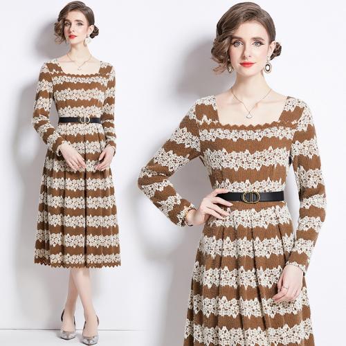 Polyester Waist-controlled One-piece Dress striped coffee PC
