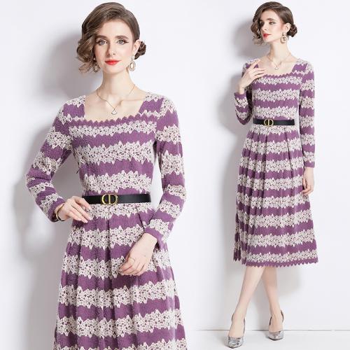 Polyester Waist-controlled One-piece Dress striped purple PC