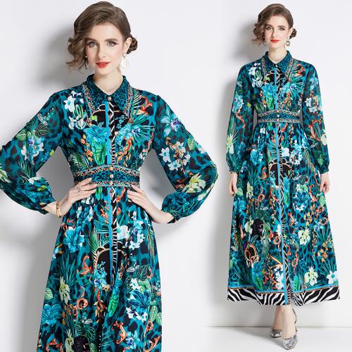 Polyester Waist-controlled One-piece Dress printed floral green PC