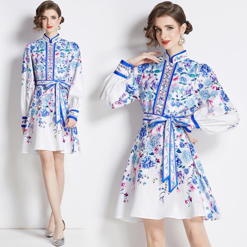 Polyester Waist-controlled One-piece Dress printed floral white PC