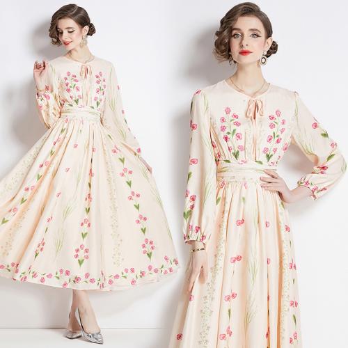 Polyester Waist-controlled One-piece Dress printed floral Apricot PC