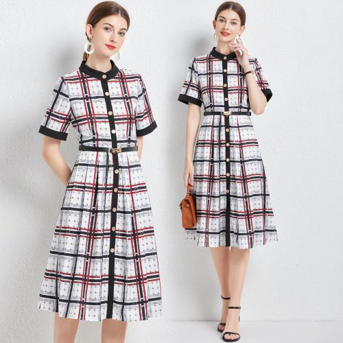 Polyester Waist-controlled One-piece Dress printed plaid PC