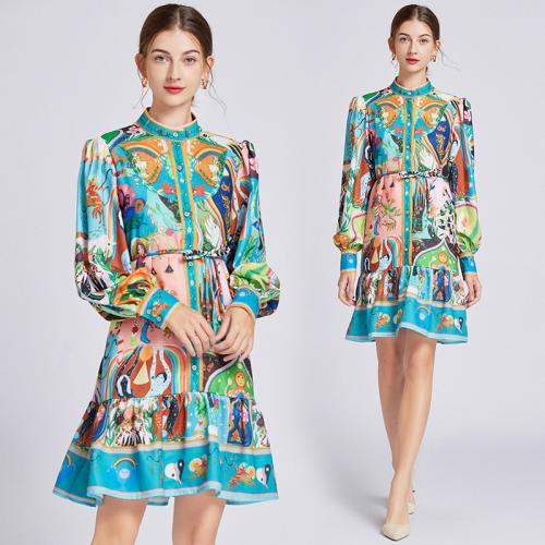 Polyester Waist-controlled One-piece Dress printed floral green PC