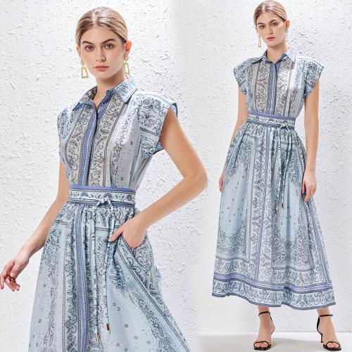Polyester Waist-controlled Two-Piece Dress Set & two piece printed blue Set