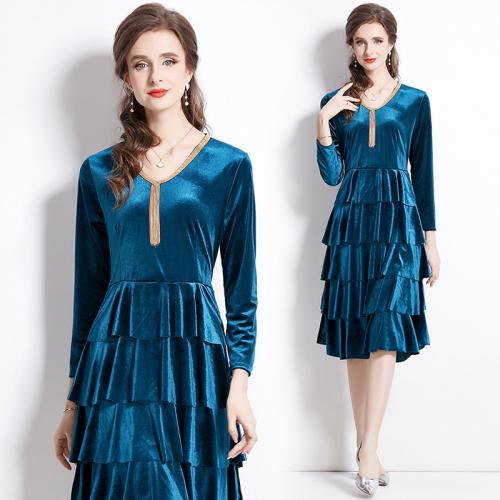 Polyester Waist-controlled & Layered One-piece Dress blue PC
