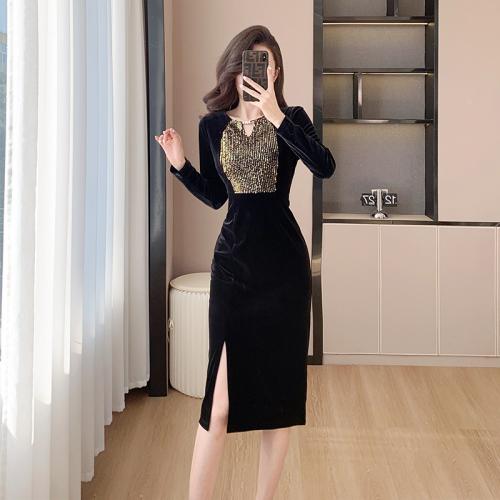 Polyester Waist-controlled One-piece Dress side slit black PC