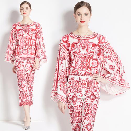 Polyester Women Casual Set & two piece & loose Pants & top printed floral red Set