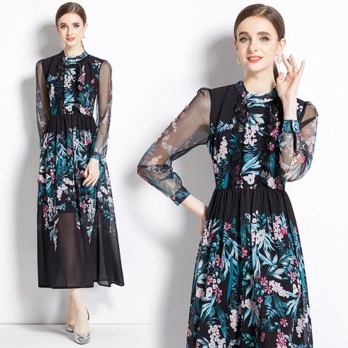 Polyester Waist-controlled One-piece Dress see through look printed floral black PC
