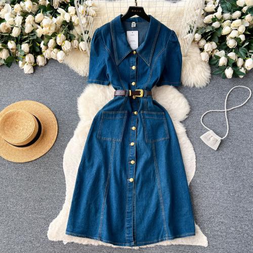 Polyester Waist-controlled Jeans Dress & breathable Solid blue PC