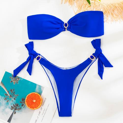 Polyester Bikini backless & two piece & off shoulder & tube Solid blue Set