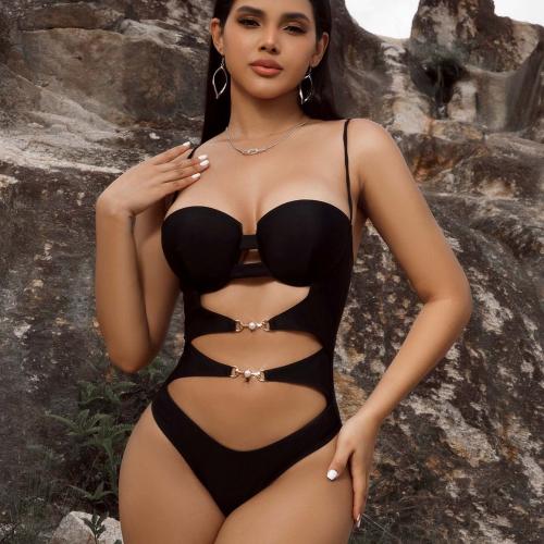 Polyester Monokini backless & off shoulder & hollow Solid black PC