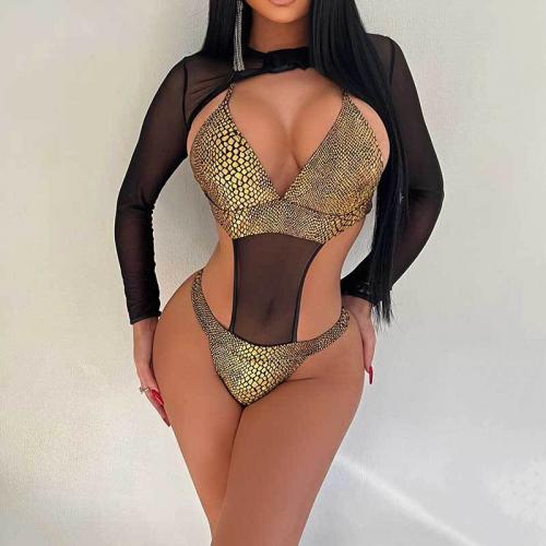Polyester Monokini backless & two piece & off shoulder & hollow snakeskin pattern Set