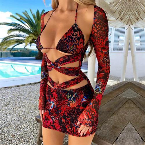 Polyester Sexy Package Hip Dresses midriff-baring & backless & off shoulder & hollow & skinny style printed red PC