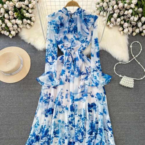 ポリエステル ワンピースドレス 印刷 青と白 一つ