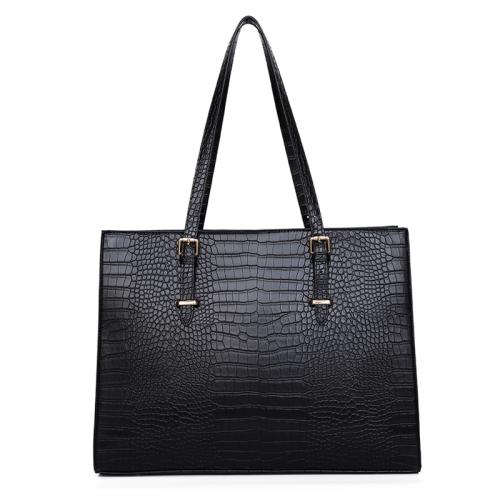 PU Leather Tote Bag & Easy Matching Shoulder Bag large capacity & attached with hanging strap crocodile grain black PC