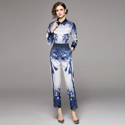 Polyester Women Casual Set & two piece & loose & breathable printed floral blue Set