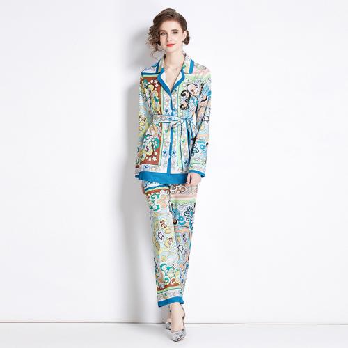 Polyester Wide Leg Trousers Women Casual Set slimming & two piece printed blue Set