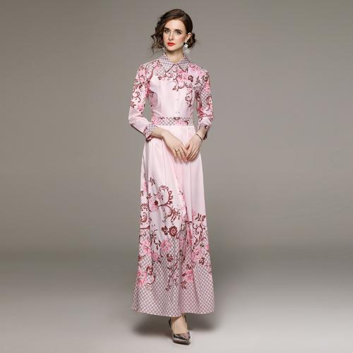 Polyester Waist-controlled & long style & Straight One-piece Dress printed floral pink PC