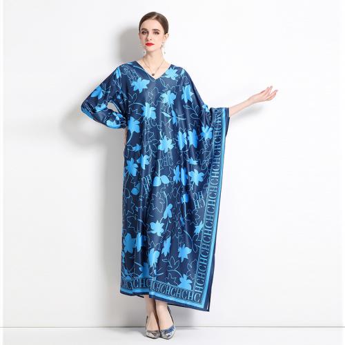 Polyester One-piece Dress asymmetric & side slit & loose printed blue PC