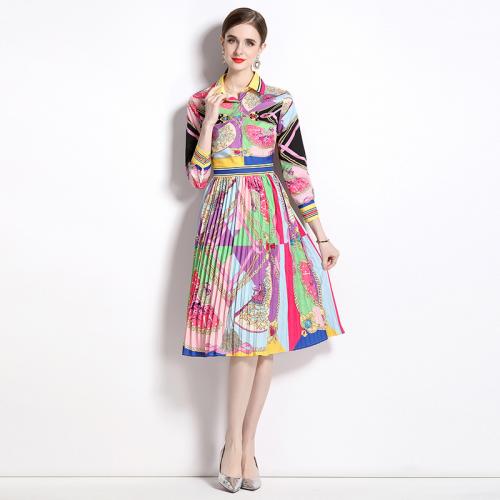 Polyester Waist-controlled & Soft & Pleated One-piece Dress printed multi-colored PC