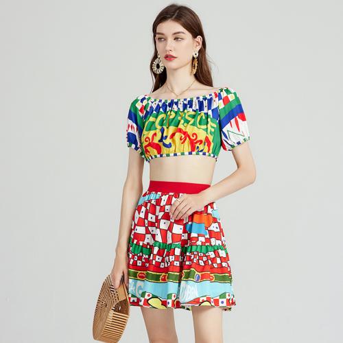 Polyester Two-Piece Dress Set midriff-baring & two piece & off shoulder printed multi-colored Set